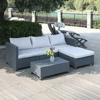 Portfolio Aldrich Grey 5-piece Wicker Indoor/Outdoor Sectional and Table with Reversible Ottoman