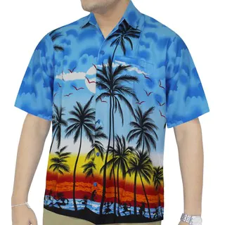 La Leela Men's Light Blue Palm Tree Aloha Hawaiian Shirt