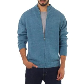 Modern Sky Handsome Artisan Designer Handmade Men's Clothing Turquoise Blue Pure Alpaca Wool Zip Front Sweater Cardigan (Peru)