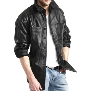 Men's Black Leather Shirt Jacket