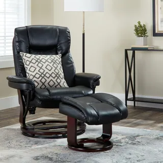 Contemporary Leather Swivel Recliner and Ottoman with Swiveling Mahogany Wood Base