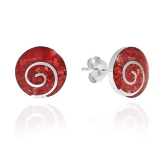 Red Coral Round Disc .925 Sterling Silver Post Earrings (Thailand)