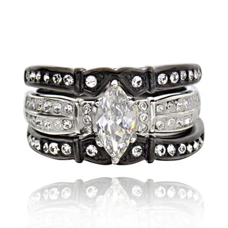 Stainless Steel Cubic Zirconia 3-piece Black and White Bridal Ring Set
