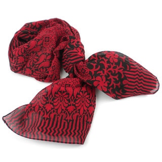 Handmade Deep Red and Black Floral Design Cotton Scarf (India)