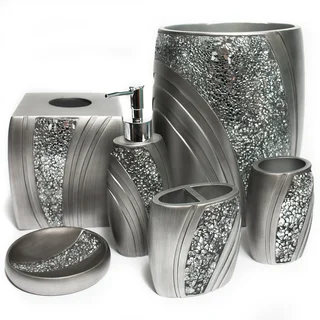 Hand Crafted Silver Finish/ Cracked Glass Bath Accessory Collection
