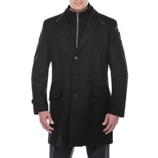 Verno Men's Dexter Black Wool Blend Overcoat with Bib