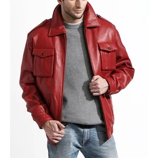 Men's Red Lambskin Leather Bomber Jacket
