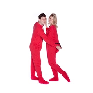 Red Cotton Jersey Knit Unisex Adult Footed Pajamas with Drop Seat