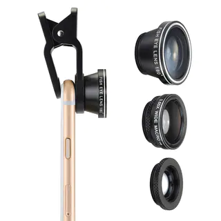 3-in-1 Clip-On 180-degree Fisheye, 0.65X Wide Angle, and 10X Macro Lens for Smartphones