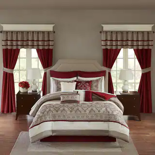 Madison Park Essentials Katarina Red 24-Piece Complete Bed Set -- Window Panels & Sheet Set Included