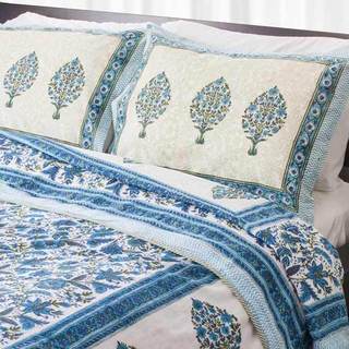 Dreams in India Blue and Teal Tree King-sized Cotton Coverlet Set (India)