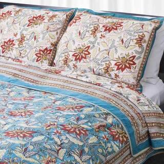 Dreams in India Teal and Red Floral King-sized Cotton Coverlet Set (India)