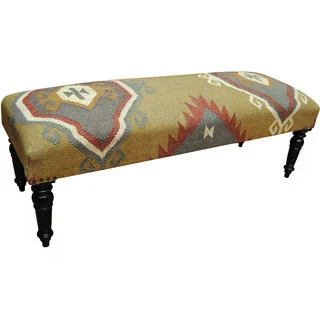 Herat Oriental Indo Handmade Wool & Jute-upholstered Wooden Bench