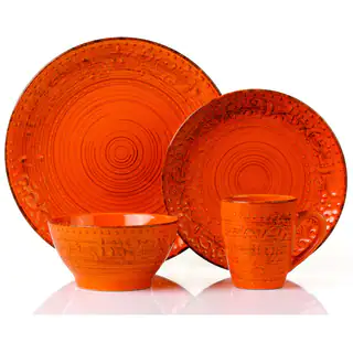 Lorren Home Trends Distressed Finish Orange Stoneware 16-piece Round Dinnerware Set