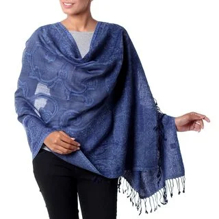 Handcrafted Wool 'Glorious Blue' Jamawar Shawl (India)