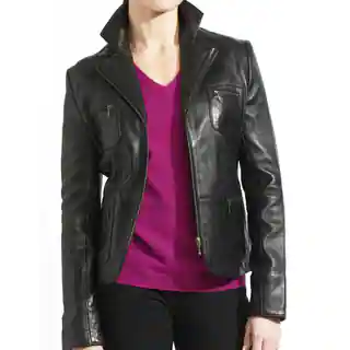 Women's Black Lambskin, Leather Zip Front Blazer Jacket