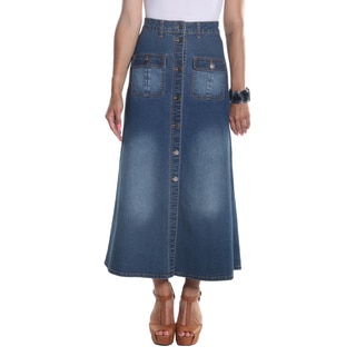 Hadari Women's Ankle Length Button Down Maxi Denim Skirt with frontal pockets