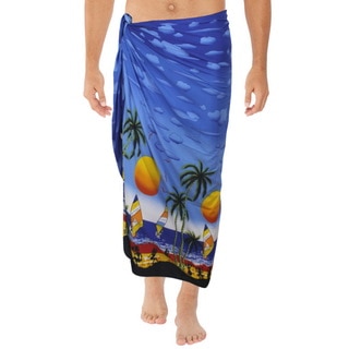 La Leela Men's Blue Silk Coconut Tree Beach Sarong Swim Wrap