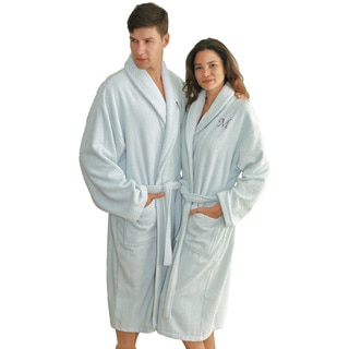 Authentic Hotel and Spa Ice Blue with Grey Monogrammed Herringbone Weave Turkish Cotton Unisex Bath Robe