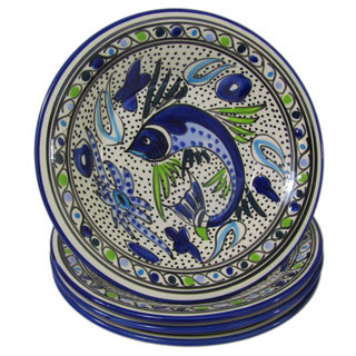 Set of 4 Le Souk Ceramique Aqua Fish Design Stoneware Pasta/Salad Bowls (Tunisia)