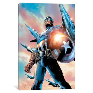 iCanvas Avengers Assemble: Captain America Panel Art: Classic Pose With Flying Jets by Marvel Comics Canvas Print