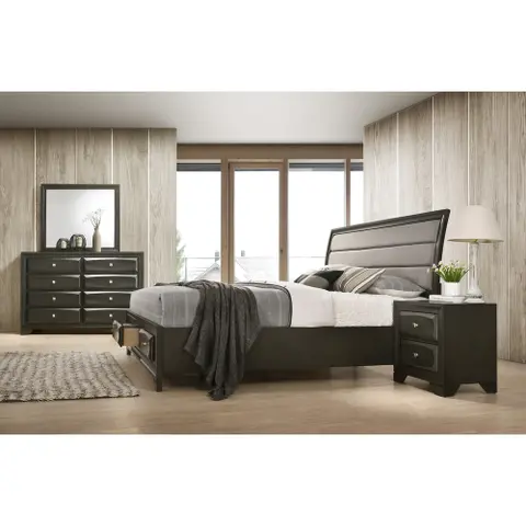 Roundhill Furniture Asger Antique Gray Finish Wood 4-PC Upholstered Queen Bedroom Set