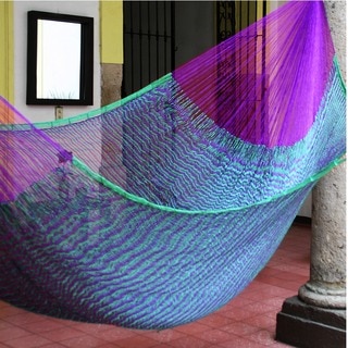 Caribbean Jungle Outdoor Garden Patio Pool Purple and Green Stripe Handmade Knotted Rope Style Nylon Double Hammock (Mexico)