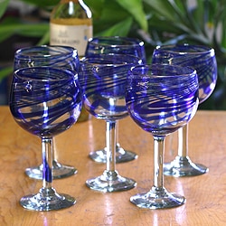 Set of 6 Blown Glass 'Blue Ribbon' Wine Glasses (Mexico)
