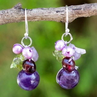 Handcrafted Sterling Silver Garnet/ Amethyst Bright Bouquet Dangling Style Earrings (Thailand)