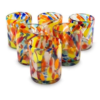 Hand Blown Set of 6 Glasses Liquid Confetti Multicolor Bright Tumblers (Mexico)