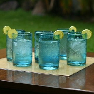 Set of 6 Blown Glass 'Aquamarine Flowers' Etched Glasses (Mexico)