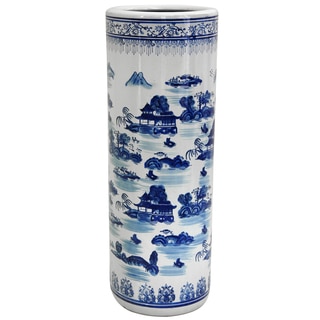 Porcelain 24-inch Blue and White Landscape Umbrella Stand (China)