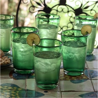 Hand Blown Glass Emerald Angles Drinking Glasses (Set of 6) (Mexico)
