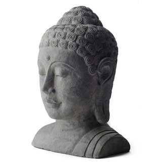 White-washed Volcanic Ash Buddha Head Garden Accent, Handmade in Indonesia