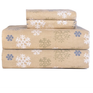 Pointehaven Snowflakes Oatmeal Printed Heavyweight Flannel Sheet Set