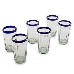 Set of 6 Handcrafted Blown Glass 'Cobalt Groove' Tumblers (Mexico)