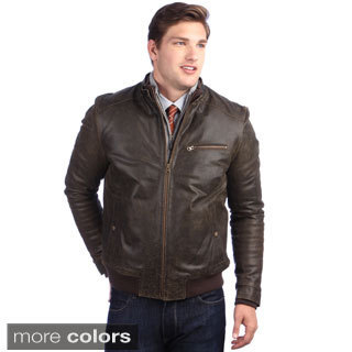 United Face Men's Brown Distressed Leather Stand Collar Bomber Jacket