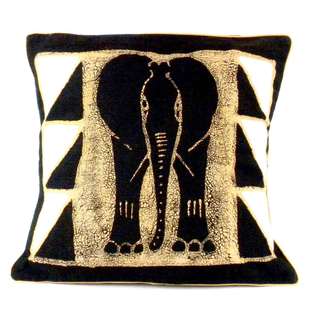 Handmade Black and White Elephant Batik Design Cushion Cover (Zimbabwe)