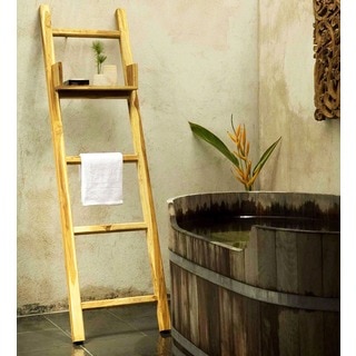 Hand-carved 18 x 64 Farmed Teak Teak Oil Towel Ladder with Adjustable Shelf (Thailand)