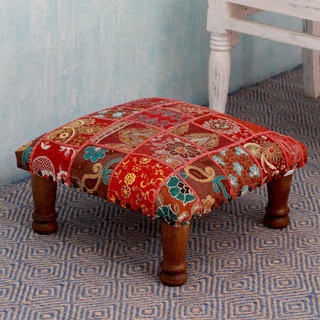 Rajasthan Illusions Sheesham Wood with Multicolor Patchwork in Shades of Red Square Foot Stool Upholstered Ottoman (India)