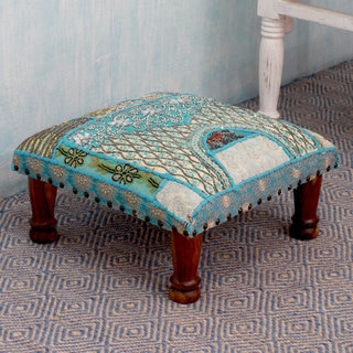 Rajasthan Dreams Sheesham Wood with Multicolor Patchwork in Shades of Blue Square Foot Stool Upholstered Ottoman (India)