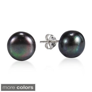 Elegant Round Black Pearl Sterling Silver Stud Earrings (Thailand)