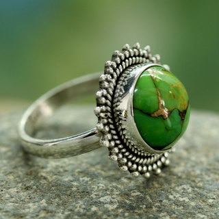 Verdant Promise Round Green Reconstituted Turquoise Gemstone in 925 Sterling Silver Womens Bohemian Statement Ring (India)