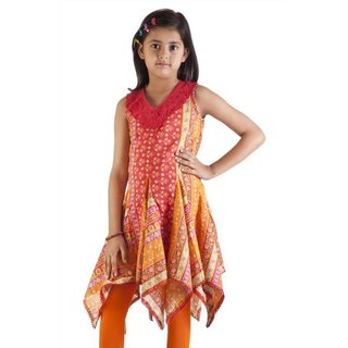 Handmade MB Girls Orange and Red Pleated Kurta Tunic (India)