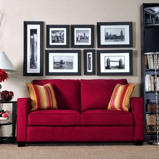 Portfolio Madi Crimson Red Microfiber Sofa with Wine Striped Accent Pillows