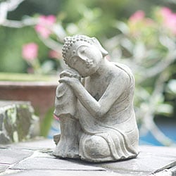 Volcanic Ash Pondering Buddha Garden Statue, Handmade in Indonesia