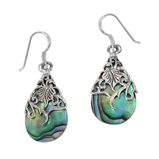 Floral Vine Ornate Teardrop Natural Shell .925 Silver Earrings (Thailand)