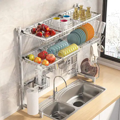 Adjustable 2-Tier Over the Sink Dish Drying Rack Large for Kitchen - 33.46 x 11.02 x 32.08 inches