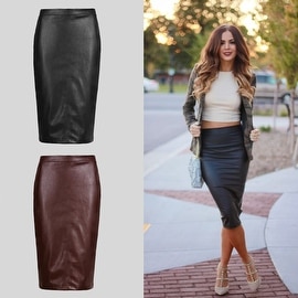 Womens Faux Leather Pencil Stretch Bodycon High Waist Skirt
